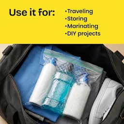 A zipper bag with toiletries. The words "Use it for: traveling, storing, marinating, DIY projects" above in a yellow panel.