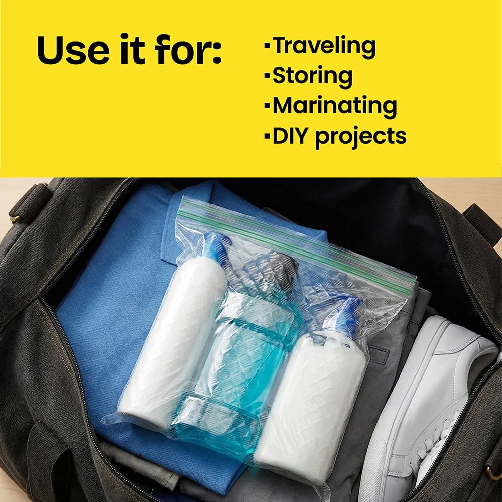A zipper bag with toiletries. The words "Use it for: traveling, storing, marinating, DIY projects" above in a yellow panel.