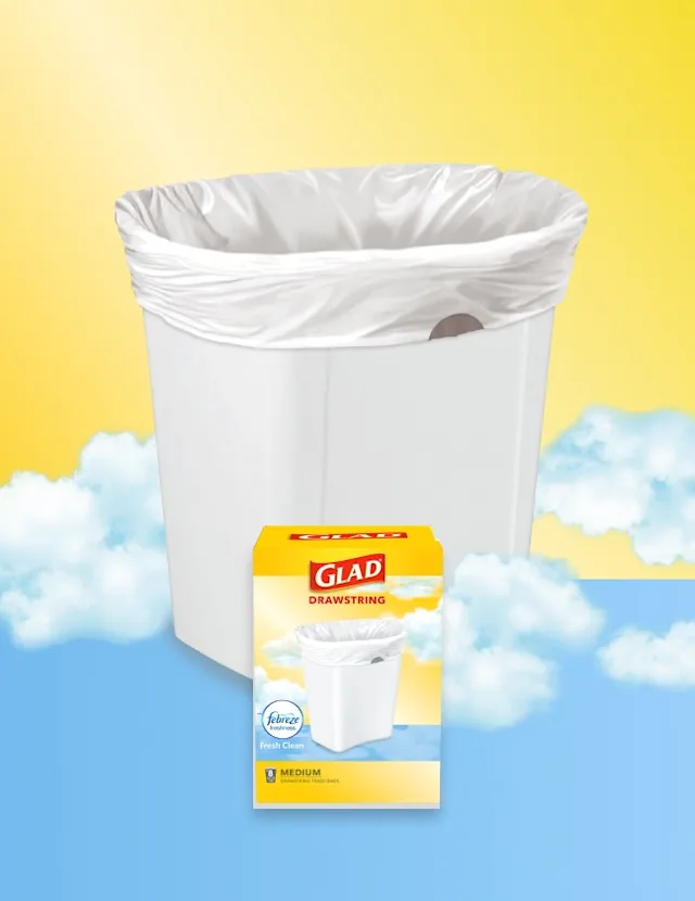 White trashbag in a small white trash can on a background of yellow and blue with cloud illustrations. A box of Glad trash bags sits in front.