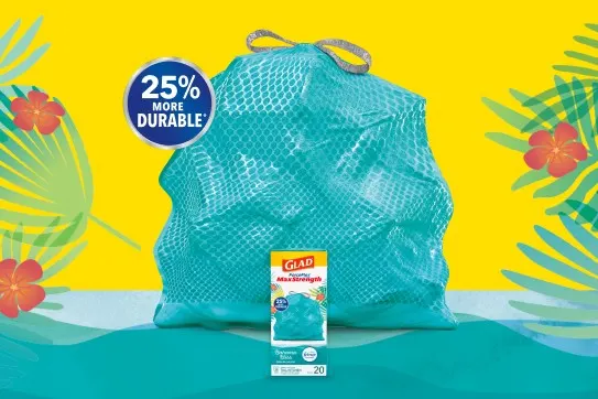 Teal trash bag on a background of yellow and teal with red flowers and green leaves, with a badge "25% more durable"