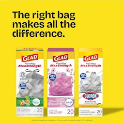 Boxes of Glad MaxStrength Gain, Cherry Blossom and Clorox Lemon Scent on a yellow background with the words "The right bag makes all the difference."