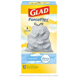 Package shot of Glad ForceFlex Tall Kitchen bags with Fresh Clean scent