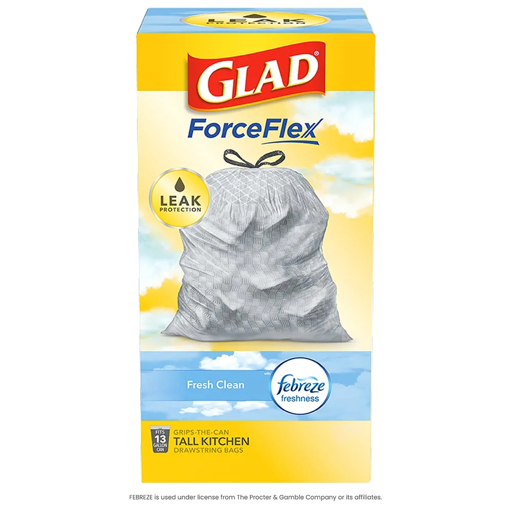 Package shot of Glad ForceFlex Tall Kitchen bags with Fresh Clean scent