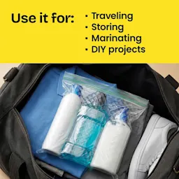 A zipper bag with toiletries. The words "Use it for: traveling, storing, marinating, DIY projects" above in a yellow panel.