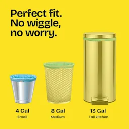 3 sizes of trash cans on a yellow background with the words "Perfect fit. No wiggle, No worry."