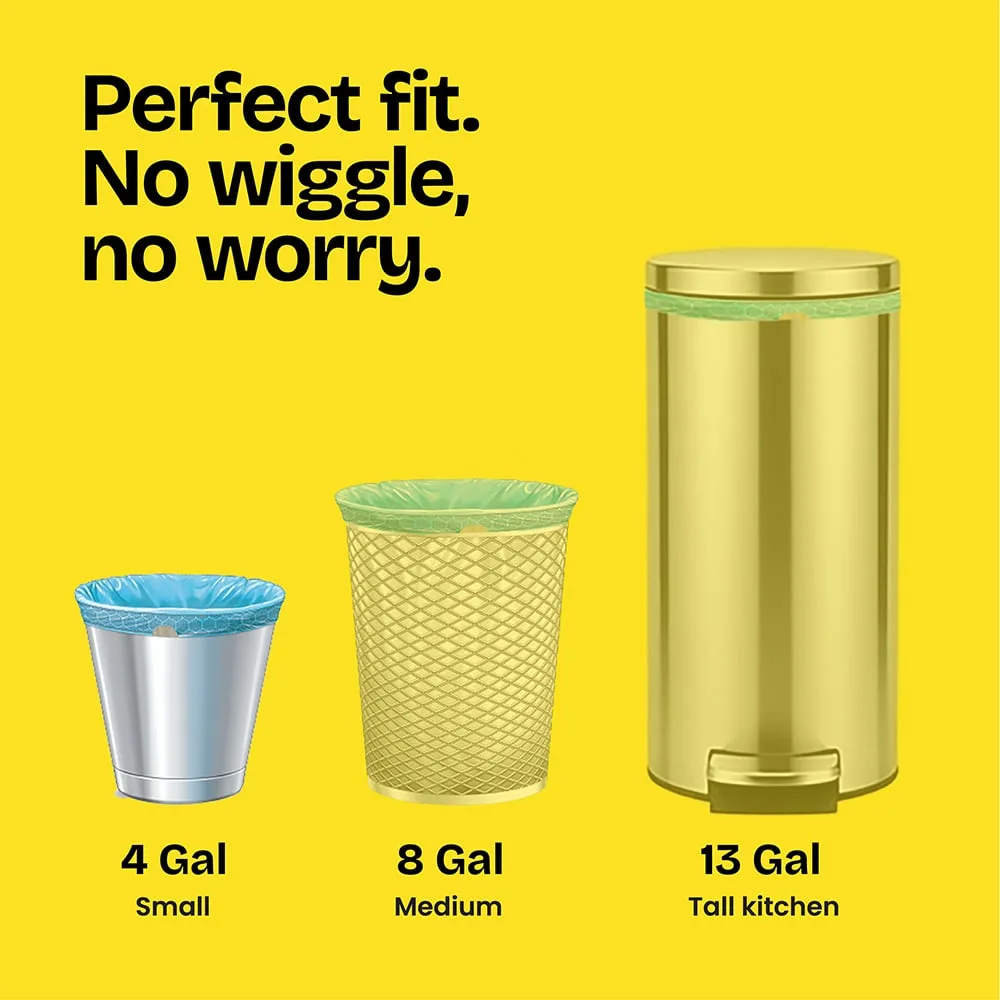 3 sizes of trash cans on a yellow background with the words "Perfect fit. No wiggle, No worry."