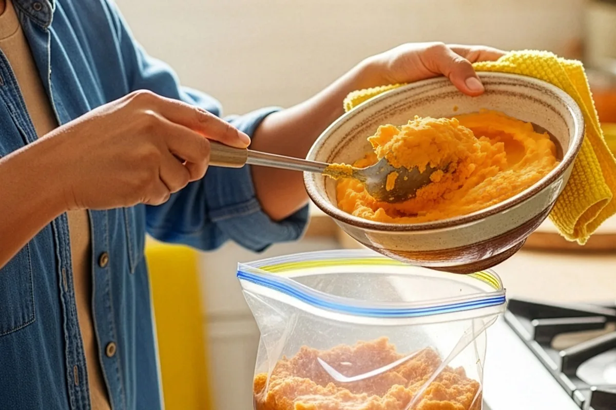 Person putting mashed sweet potatoes in a Glad zipper storage bag
