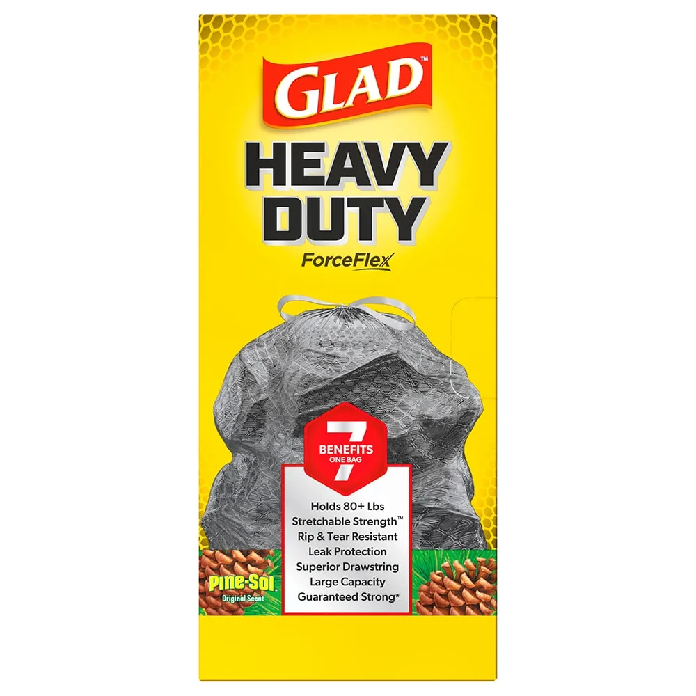 Package shot of Glad Heavy Duty ForceFlex bags with Pine-Sol Original scent