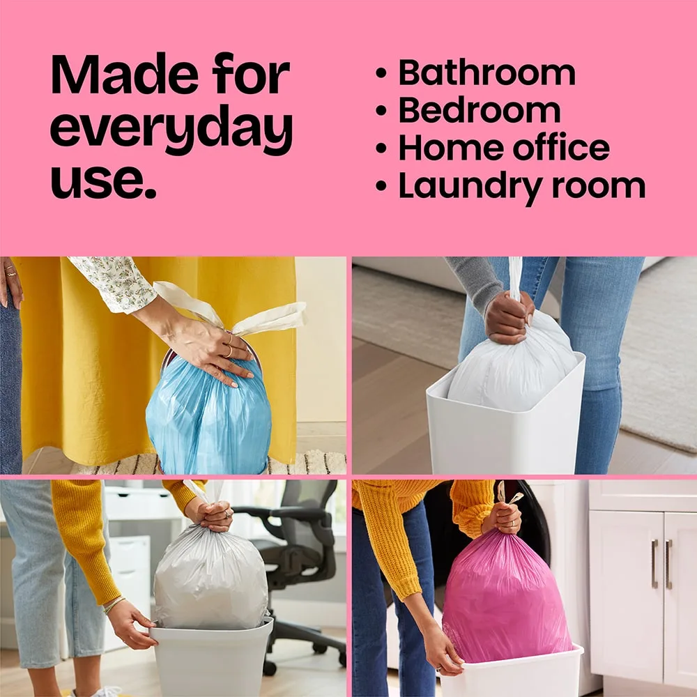 4 scenes of trash bags being pulled from cans. A pink panel above with the words "Made for everyday use. Bathroom, bedroom, office, laundry.