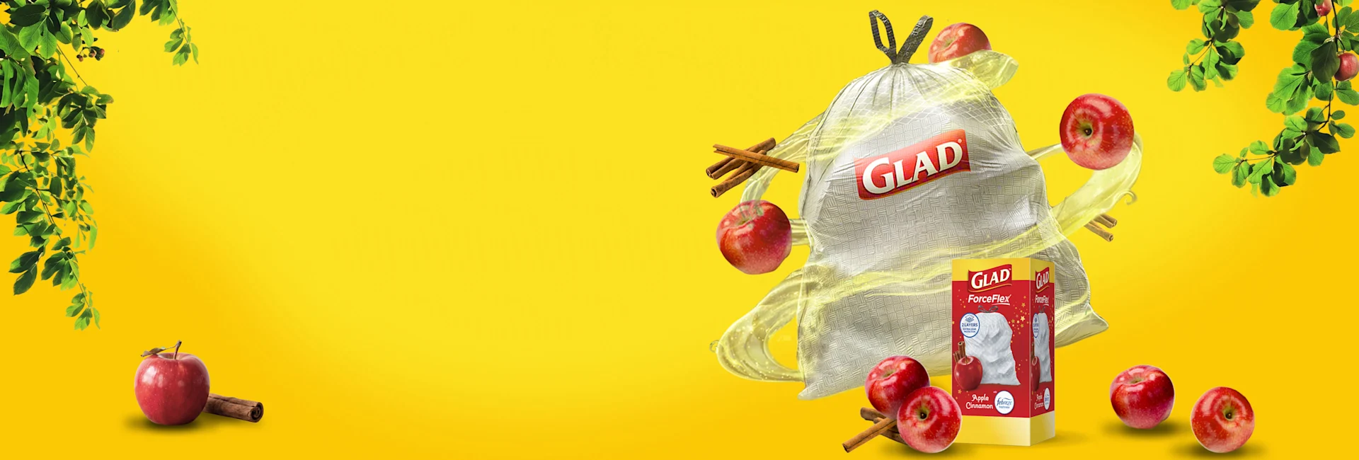 Apple Cinnamon ForceFlex Trash Bag on a yellow background