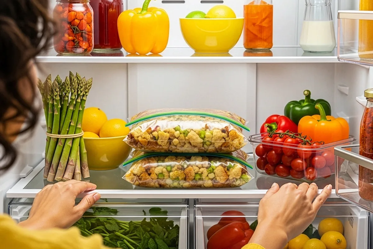 Two bags of stuffing in a refrigerator surrounded by vegetables and other food items