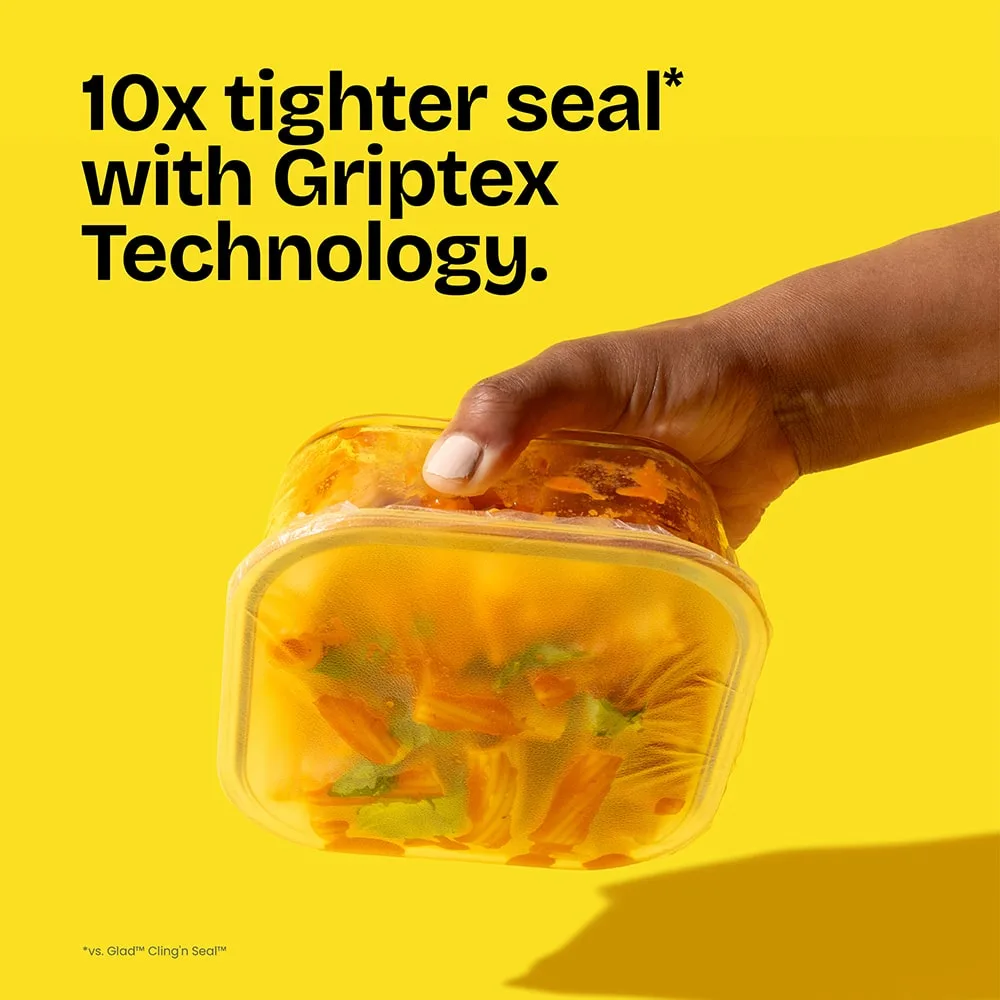 A person holding a container sealed with Press'N Seal upside down with the words "10X tighter seal with Griptex Technology." above