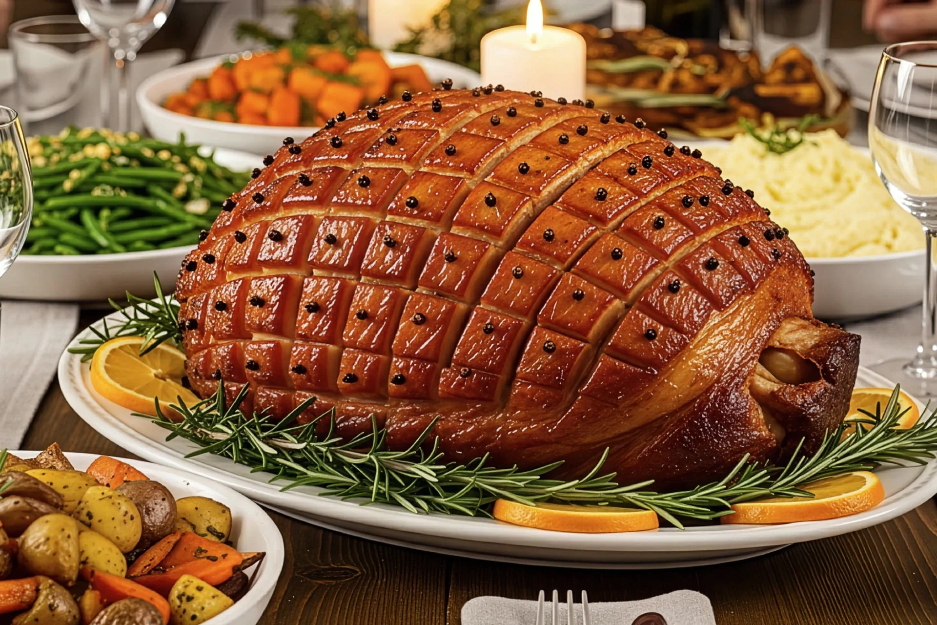 A cooked ham on a platter with rosemary and orange slices, sitting on a table with other holiday dishes