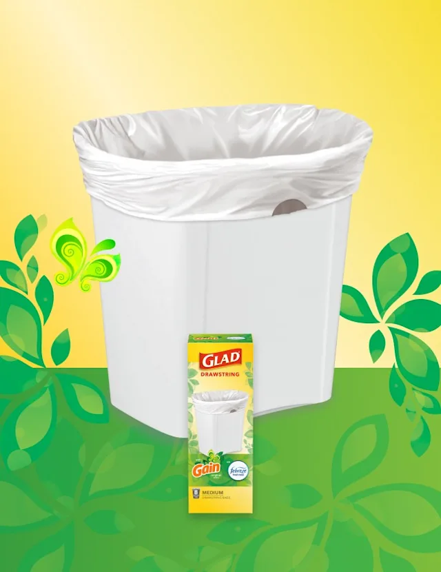 White trashbag in a small white trash can on a background of yellow and green with leaf and butterfly illustrations. A box of Glad trash bags sits in front.