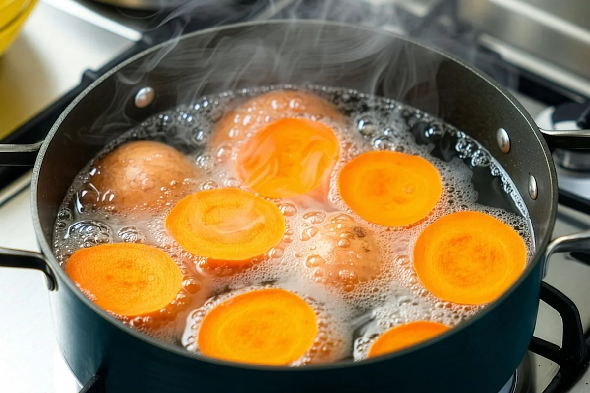 Sweet potato slices boiling in a pot of hot water on a stove