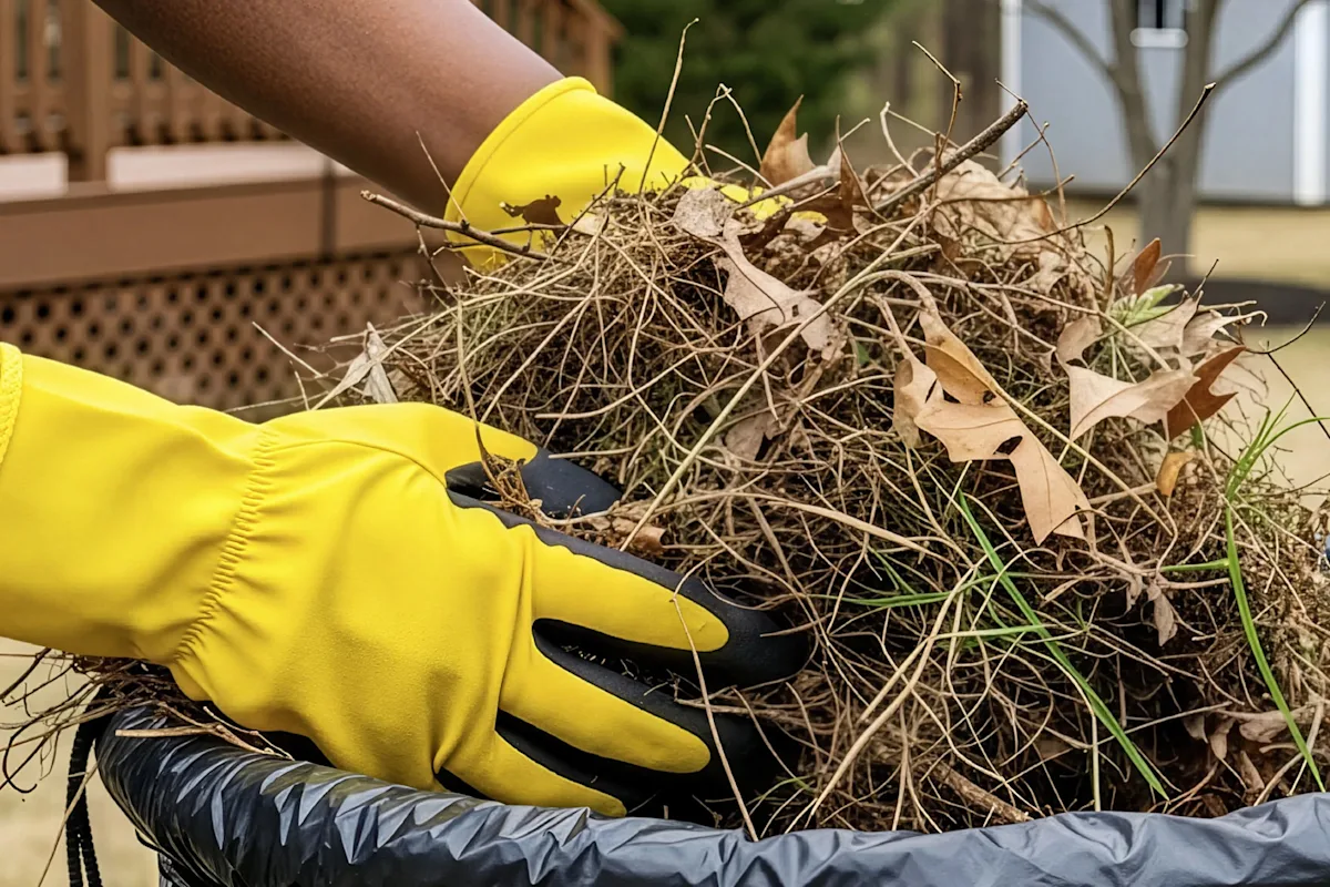 Yellow gloved hands cleaning up dead grass and leaves and putting them in a black trash bag.