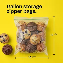 Muffins in a 10-3/4" x 10-9/16" zipper bag on a yellow background with the words "Gallon storage zipper bags" above