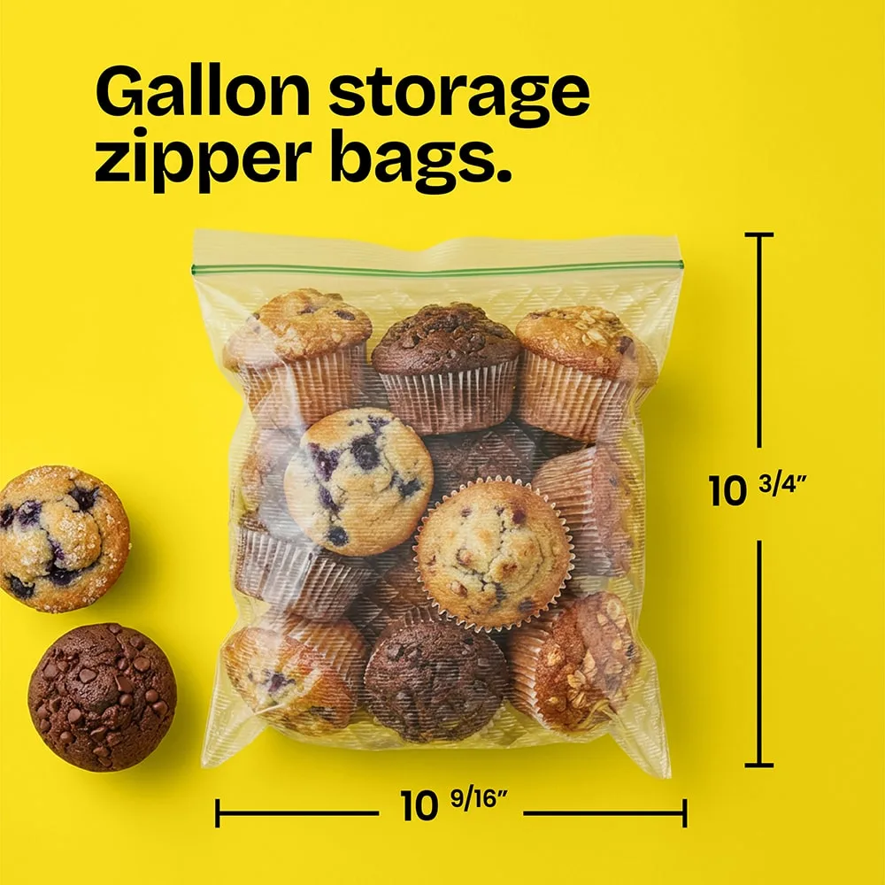 Muffins in a 10-3/4" x 10-9/16" zipper bag on a yellow background with the words "Gallon storage zipper bags" above