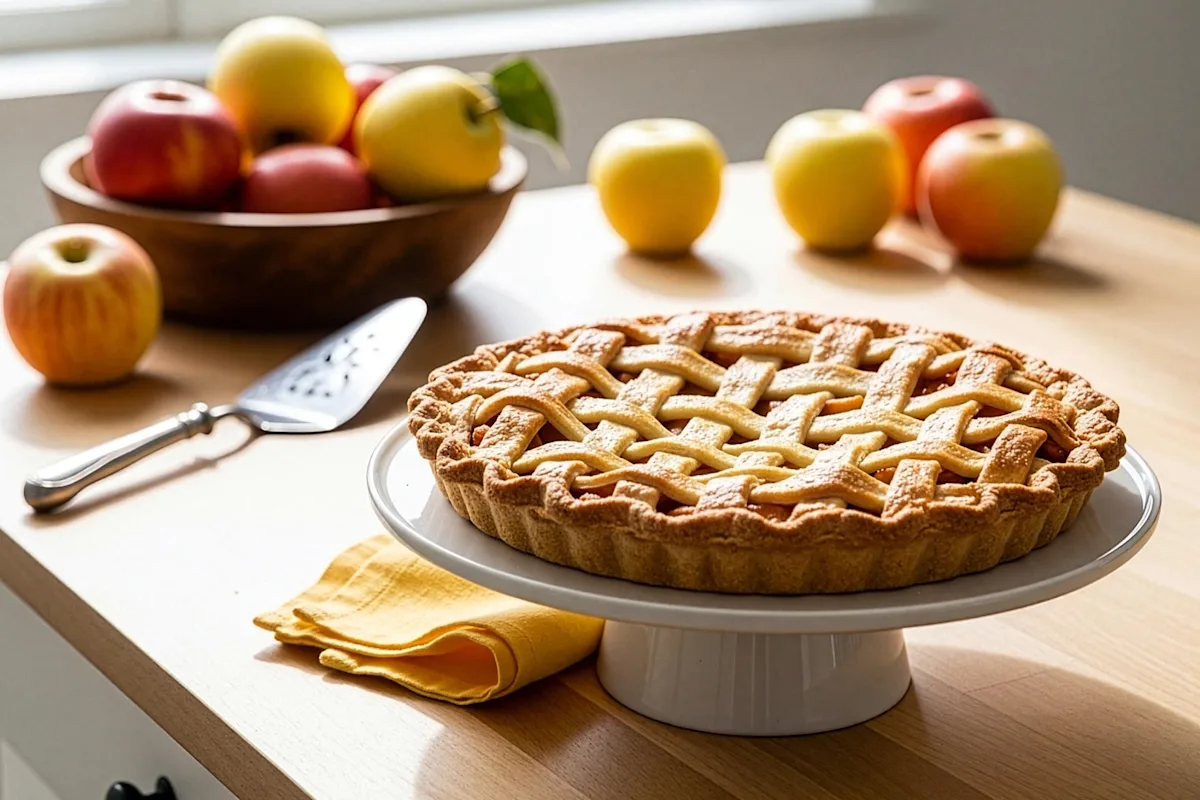 A lattice-topped fruit pie on a stand, apples and pie server in the background.
