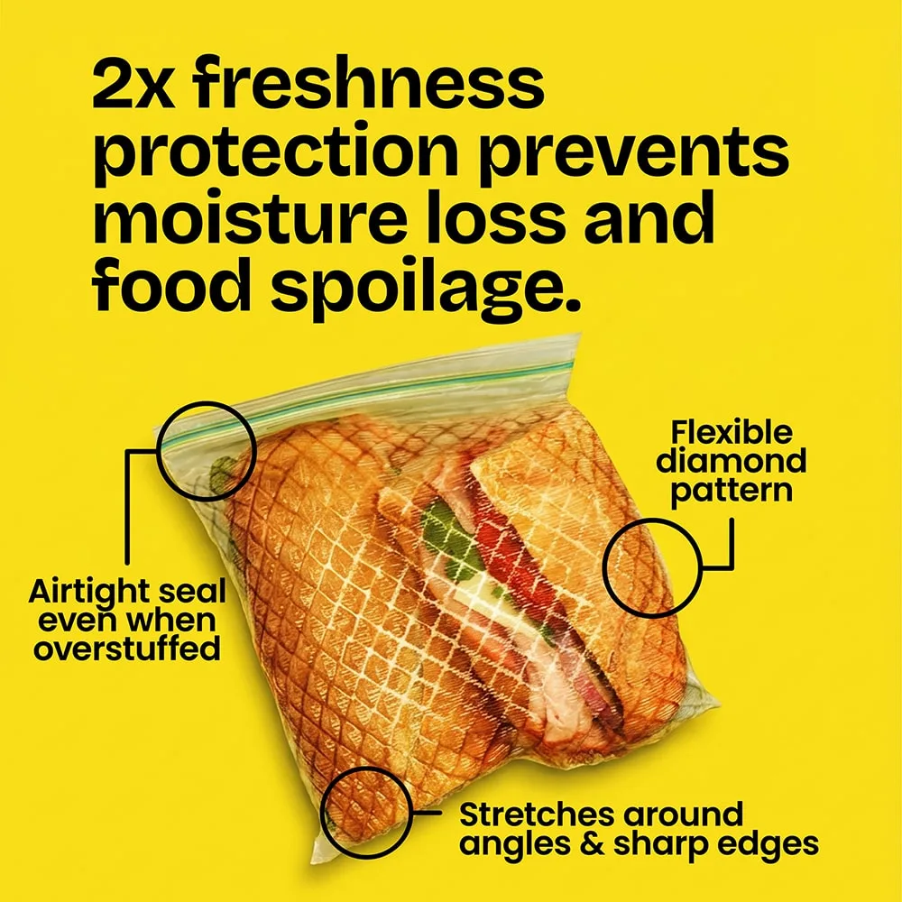 A sandwich in a zippered bag with claims highlighted. The words "2X freshness protection prevents moisture loss & food spoilage" above in yellow.