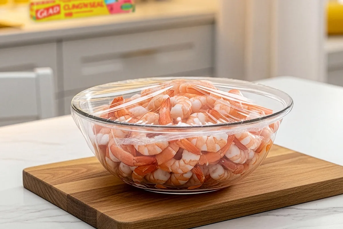 A bowl of cooked shrimp sitting on a wooden cutting board covered with Cling'N Seal wrap