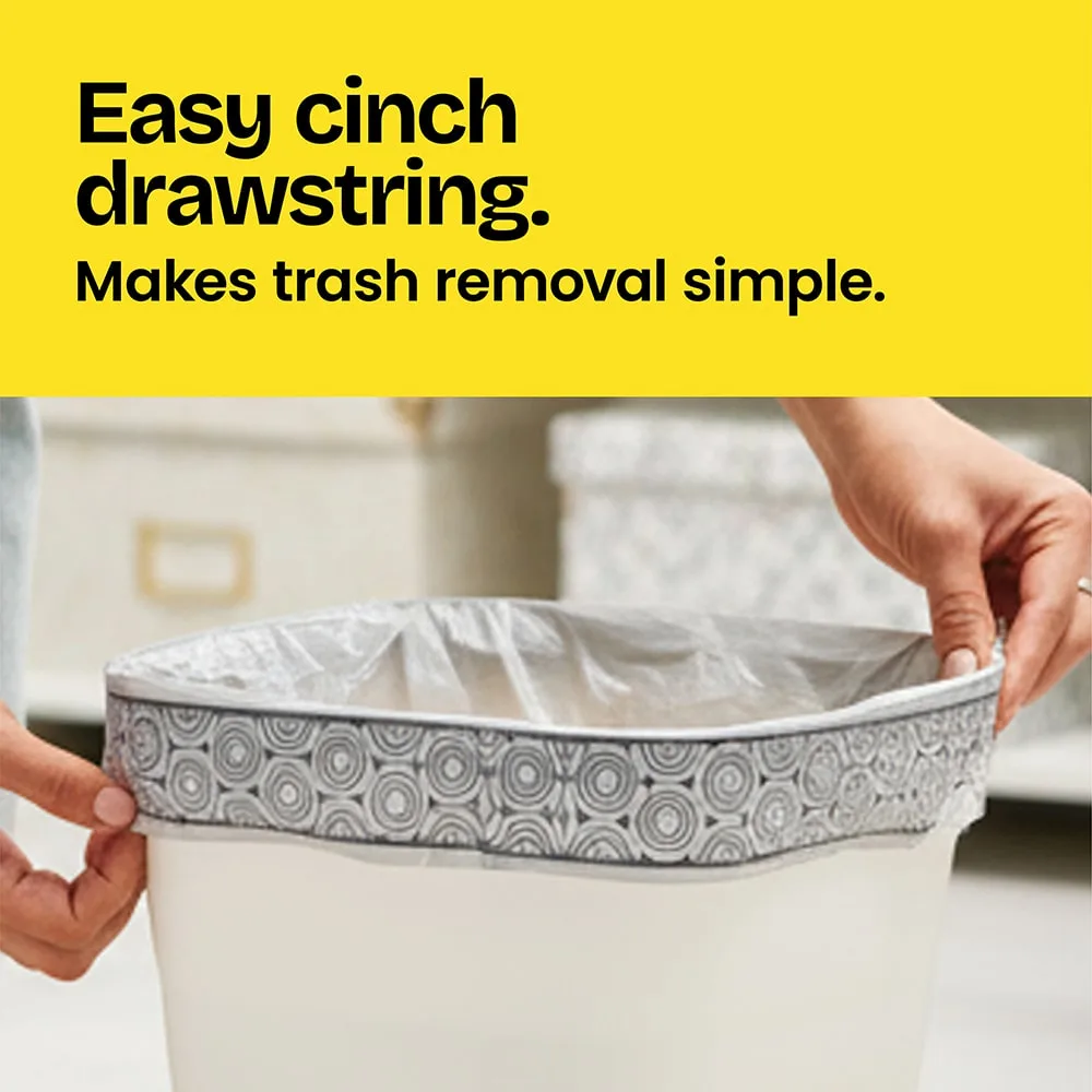 Hands putting a bag in a small trash can. A blue panel with the words "Easy cinch drawstring. Makes trash removal simple."