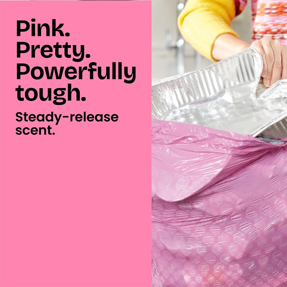 A person stuffing trash into a pink trash bag. Half of the panel is colored pink and has the words "Pink. Pretty. Powerfully tough."
