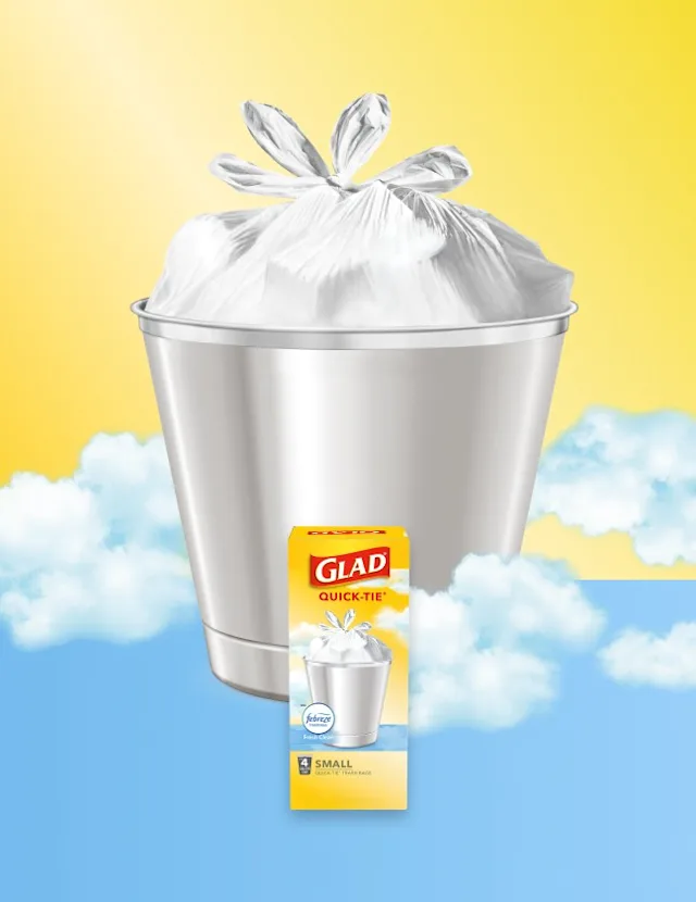 Metal trash can with white bag inside over a yellow and light blue background with clouds, a box of Glad trash bags is in front.