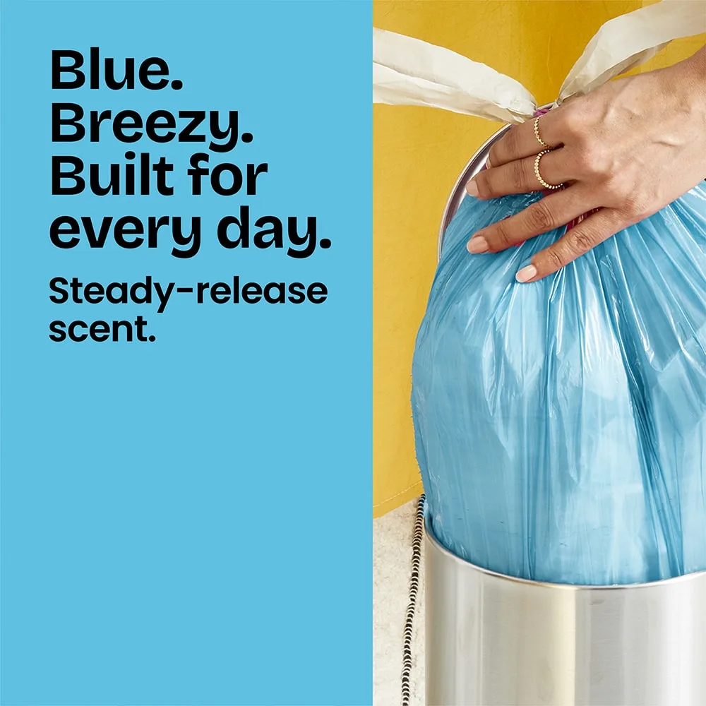 Person putting a blue trash bag in a small trash can. Left panel is blue with the words "Blue. Breezy. Built for every day."