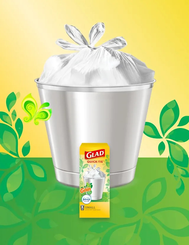 Metal trash can with white trash bag inside, yellow and green background with leaf and butterfly illustrations.