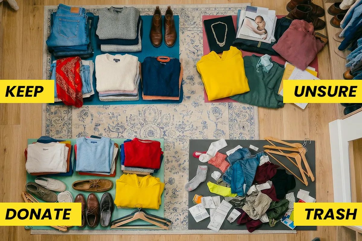 Clothing sorted into keep, donate, unsure and trash piles during closet cleanout