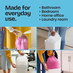 4 scenes of trash bags being pulled from cans. A blue panel above with the words "Made for everyday use. Bathroom, bedroom, office, laundry.