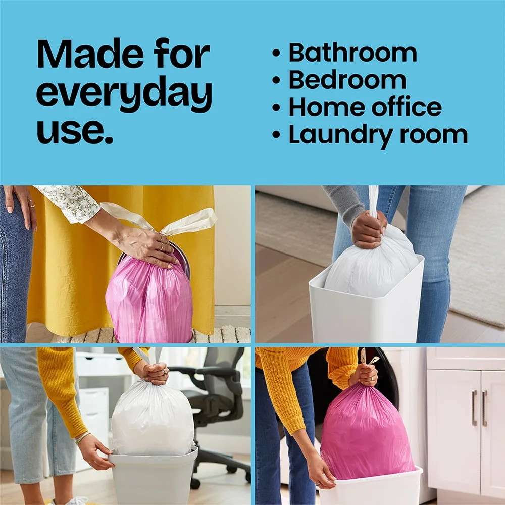 4 scenes of trash bags being pulled from cans. A blue panel above with the words "Made for everyday use. Bathroom, bedroom, office, laundry.