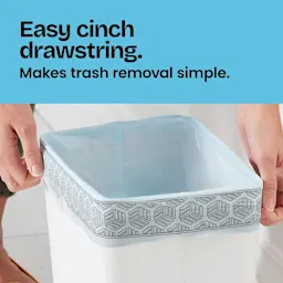 Hands putting a bag in a small trash can. A blue panel with the words "Easy cinch drawstring. Makes trash removal simple."