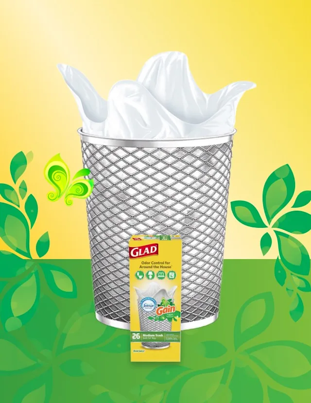 Mesh metal trash can with white trash bag inside, yellow and green background with leaf and butterfly illustrations.