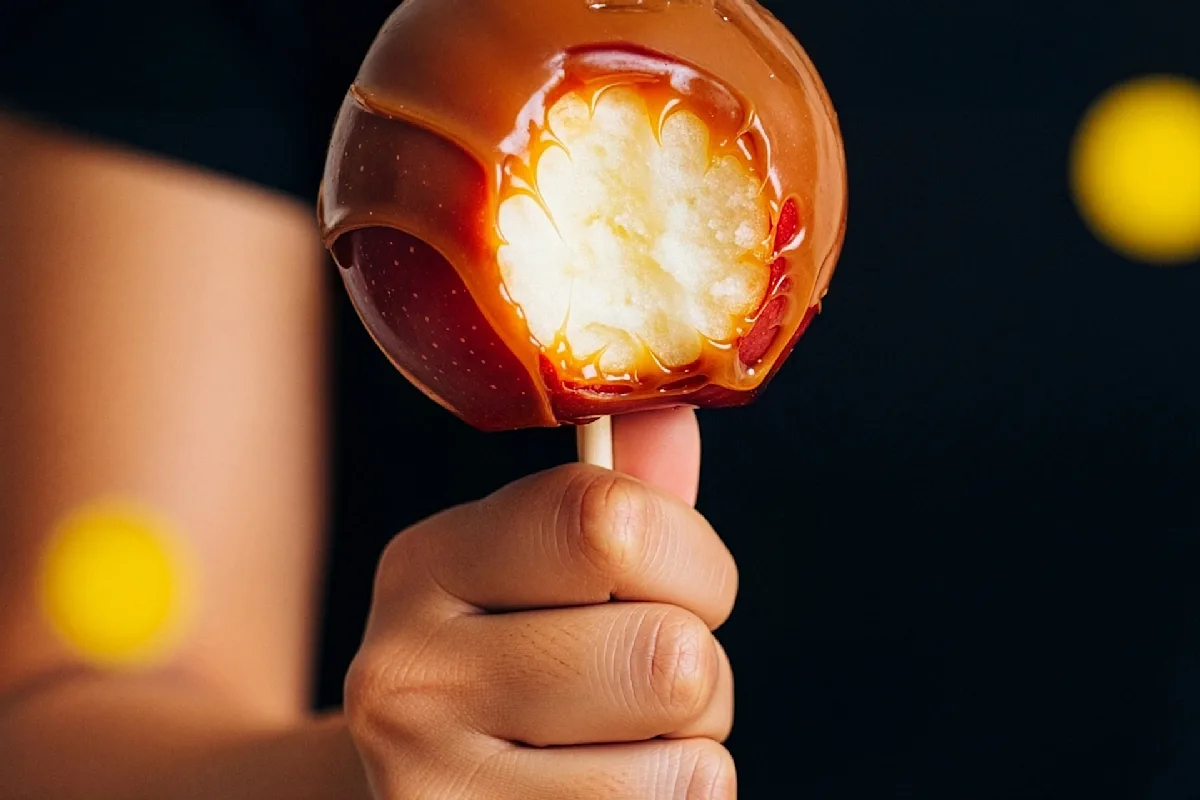 Hand holding a caramel apple with a big bite taken out of it.