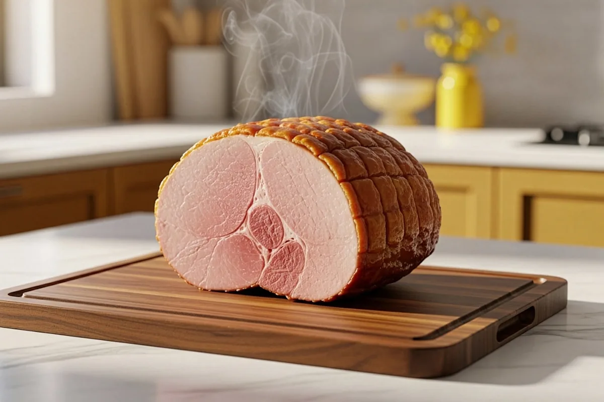 A steaming cooked ham on a cutting board in a kitchen