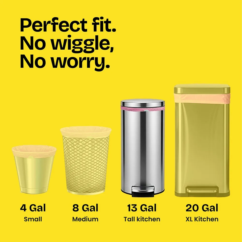 4 sizes of trash cans on a yellow background with the words "Perfect fit. No wiggle, No worry."