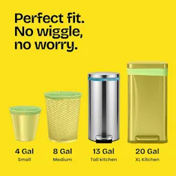 4 sizes of trash cans on a yellow background with the words "Perfect fit. No wiggle, no worry."
