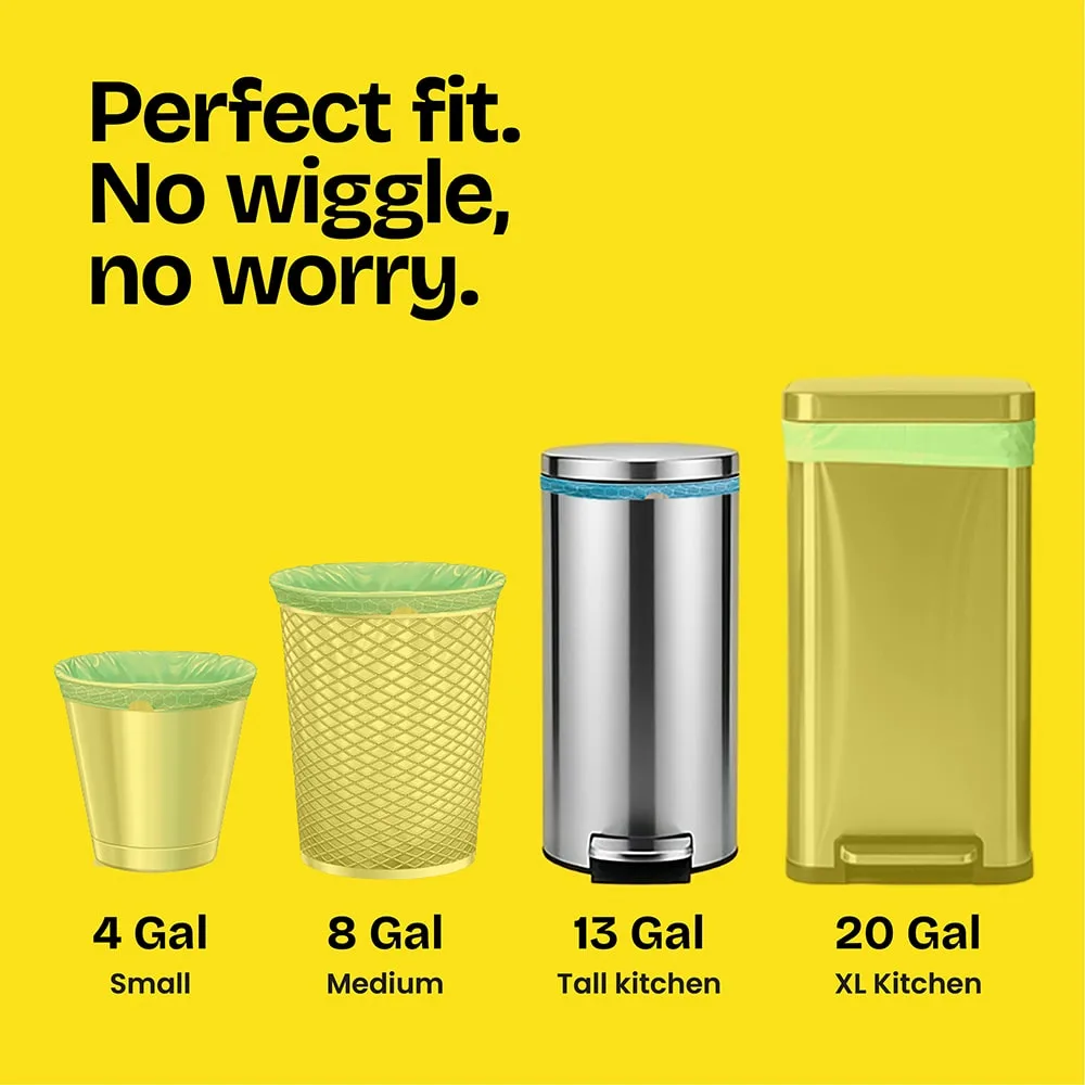 4 sizes of trash cans on a yellow background with the words "Perfect fit. No wiggle, no worry."