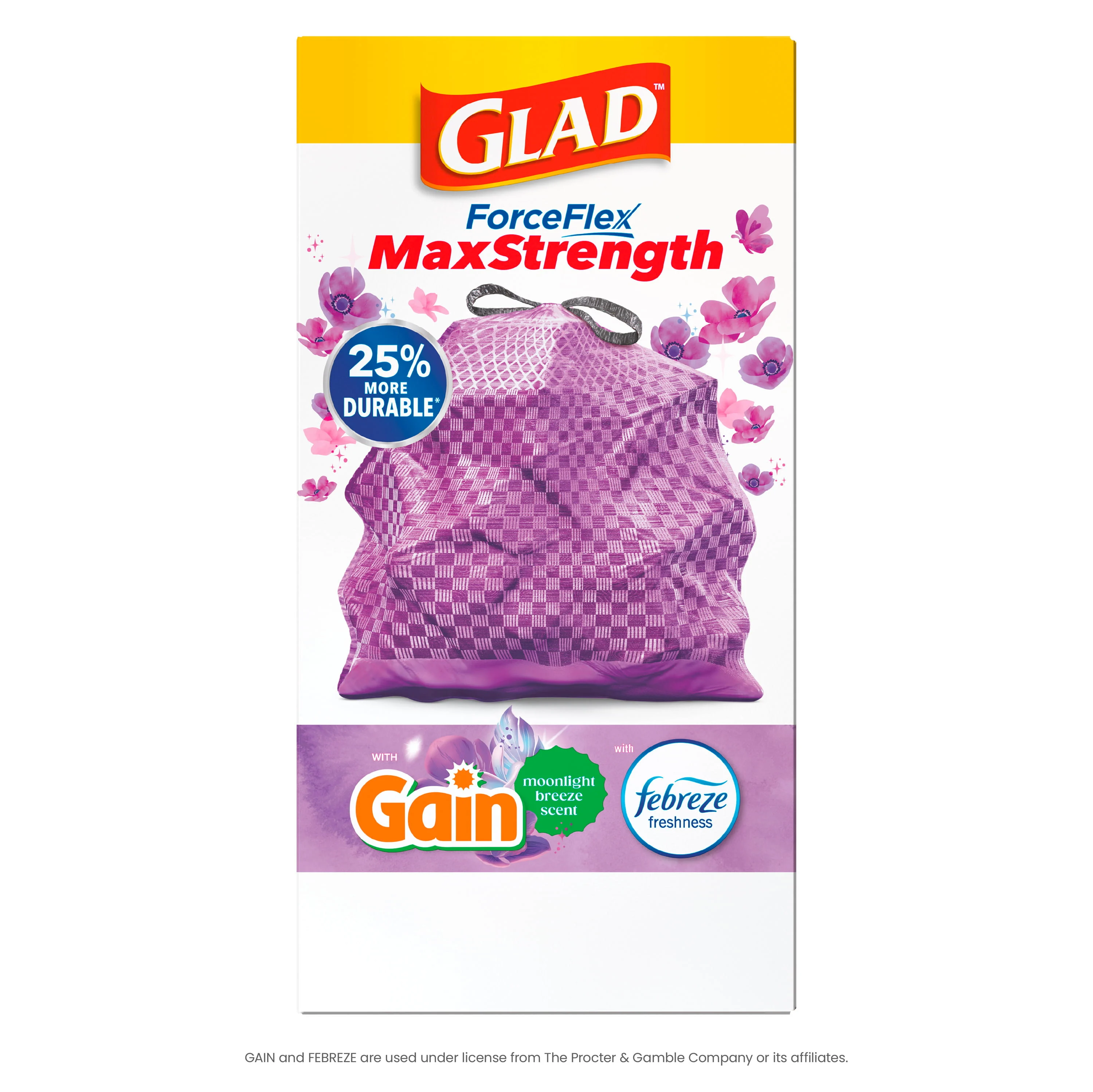 A box of purple Moonlight Breeze scented trash bags