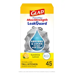 A package of Glad ForceFlex MaxStrength LeakGuard trash bags in Sunshine Lemon scent