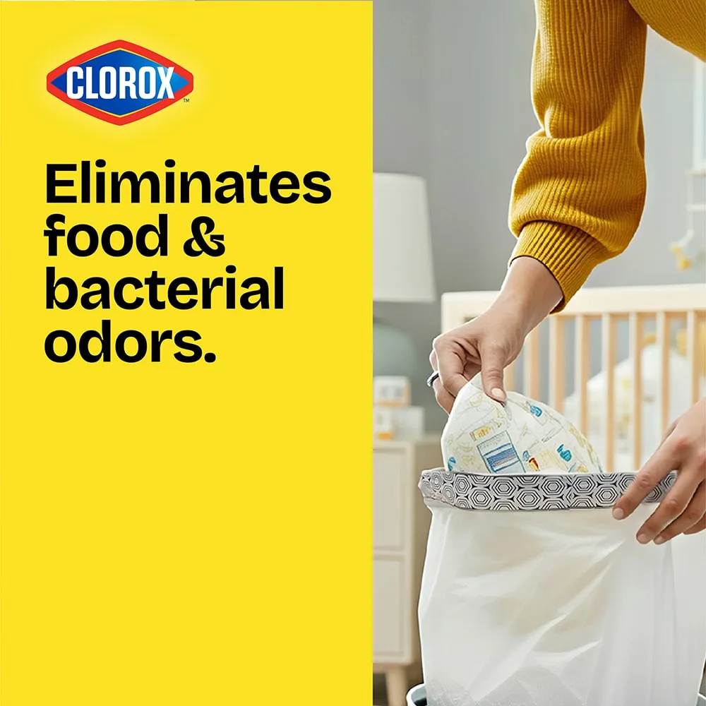 A person putting dirty diapers in a small trash bag. On the left is a yellow panel with a Clorox logo and the words "Eliminates food & bacterial odors."