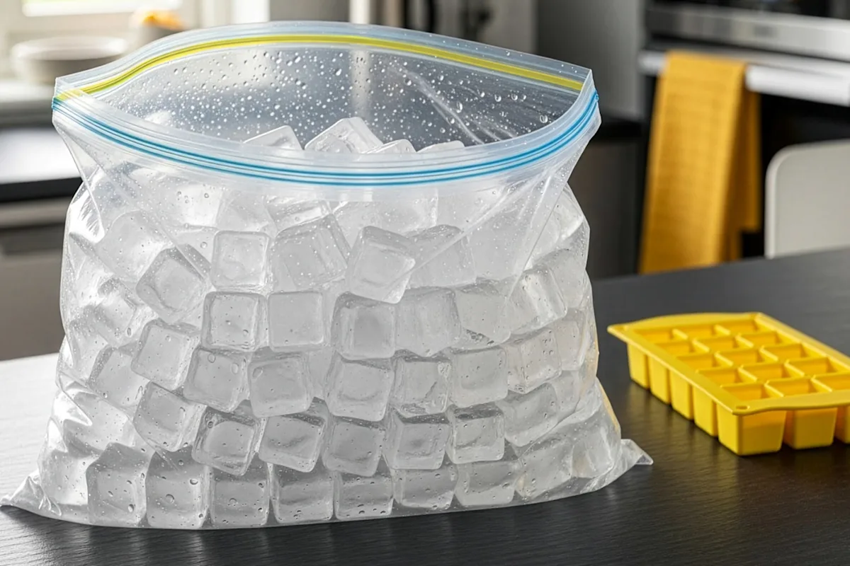 A resealable storage bag filled with ice cubes