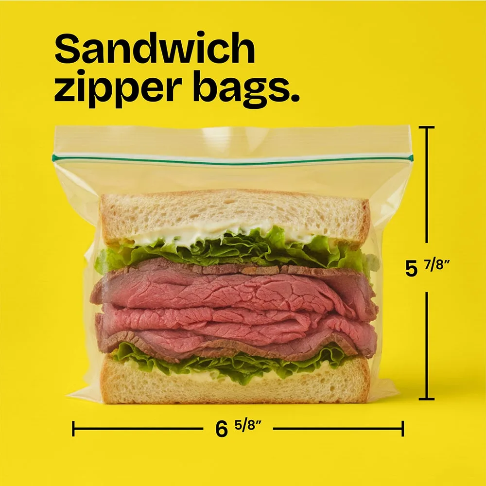 A roast beef sandwich in a 5-7/8" x 6-5/8" zipper bag on a yellow background. The words "Sandwich zipper bags." above.