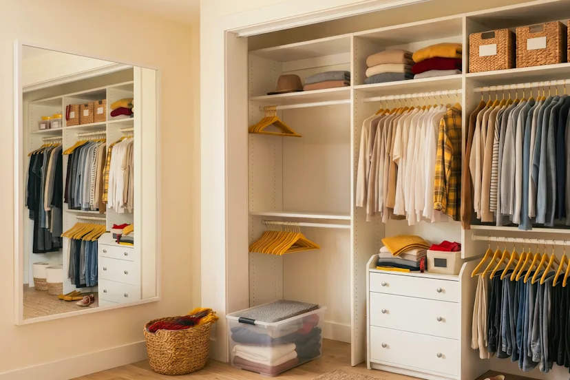 Organized closet with neatly hung clothes, folded sweaters, labeled bins and drawers