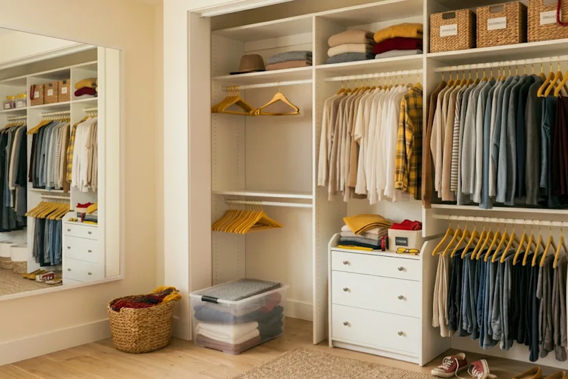 Organized closet with neatly hung clothes, folded sweaters, labeled bins and drawers
