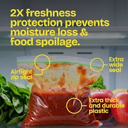 A zippered bag of sauce with veggies in the background. The words "2X freshness protection prevents moisture loss & food spoilage" above in yellow.