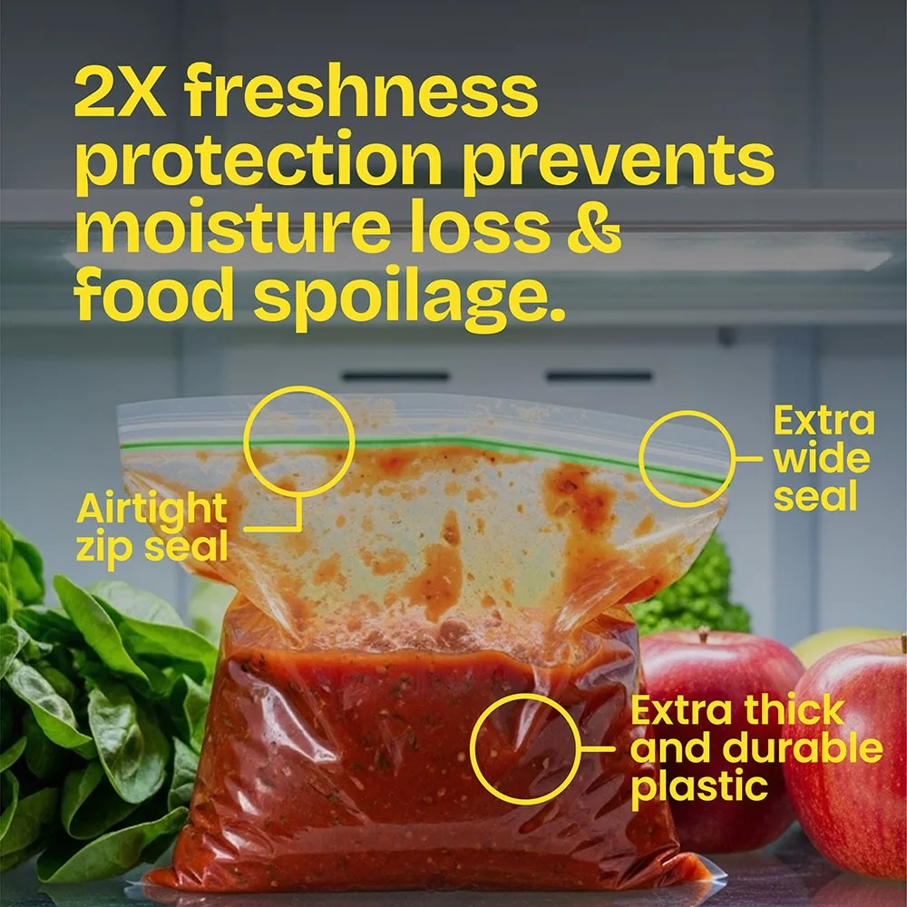 A zippered bag of sauce with veggies in the background. The words "2X freshness protection prevents moisture loss & food spoilage" above in yellow.