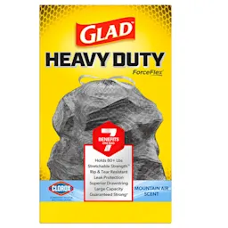 Package shot of Glad Heavy Duty ForceFlex bags with lLorox with Mountain Air scent
